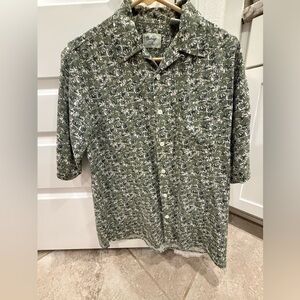 Vintage 100% Silk Hawaiian Shirt Palm Trees Green S resort, vacation, beach